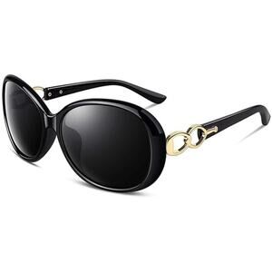 New Sunier Womens Black Oversized Gold Loop Frame Polarized UV400 Sunglasses